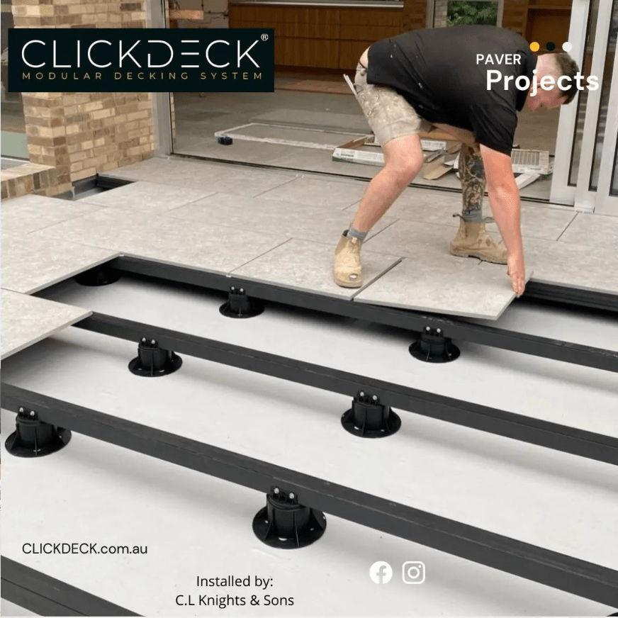 Clickdeck modular decking systems supporting raised pavers