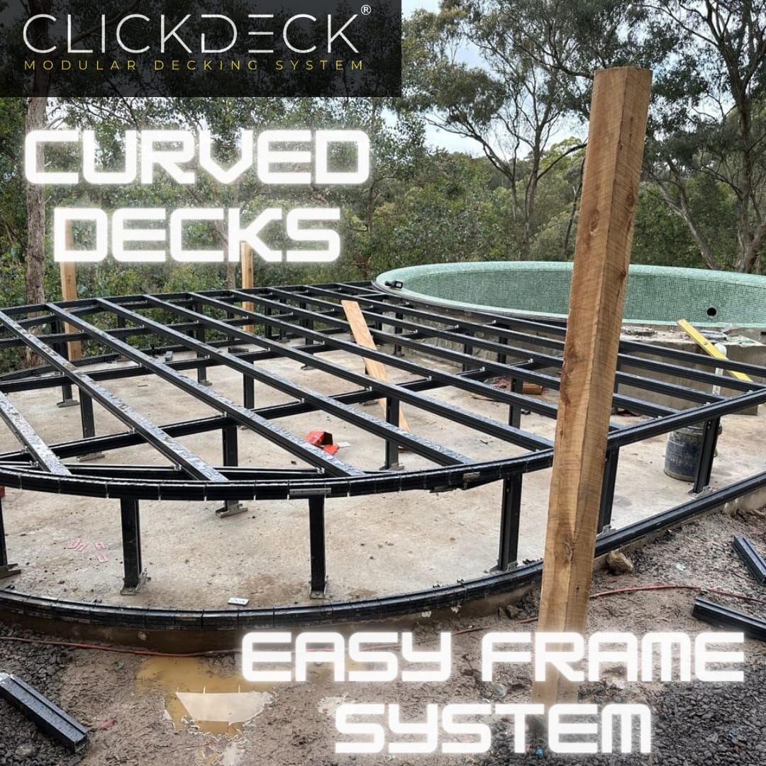 Clickdeck modular decking system supporting curved decking requirements